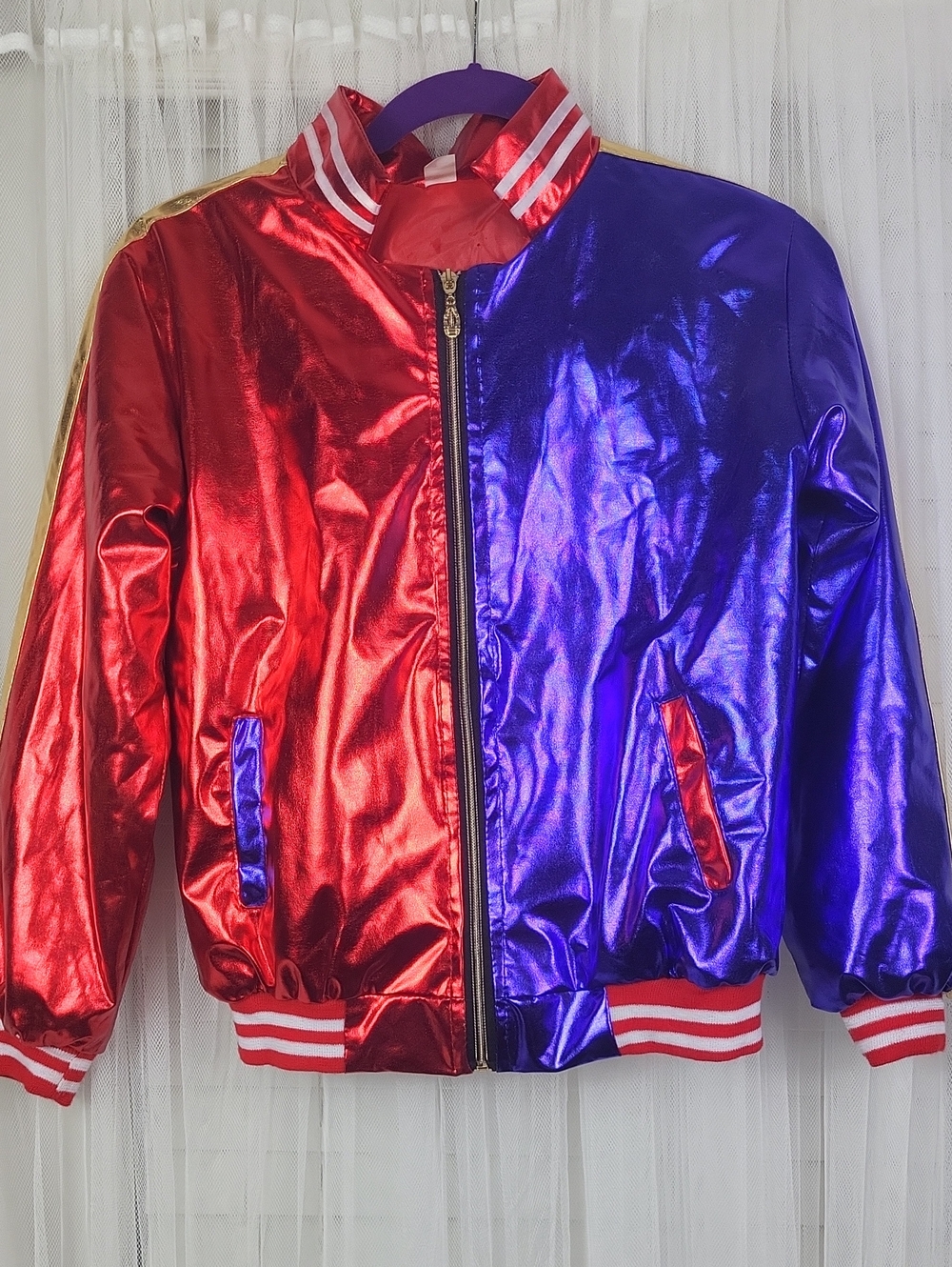 Halloween Harley Quinn Cosplay Metallic Red & Purple Bomber Jacket. Size M